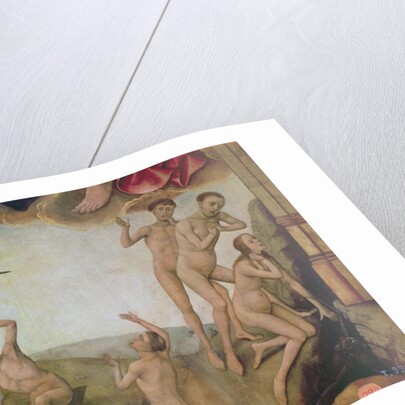 An angel welcomes the blessed into heaven while on the right the damned are being dragged down by devils to hell by Vrancke van der Stockt