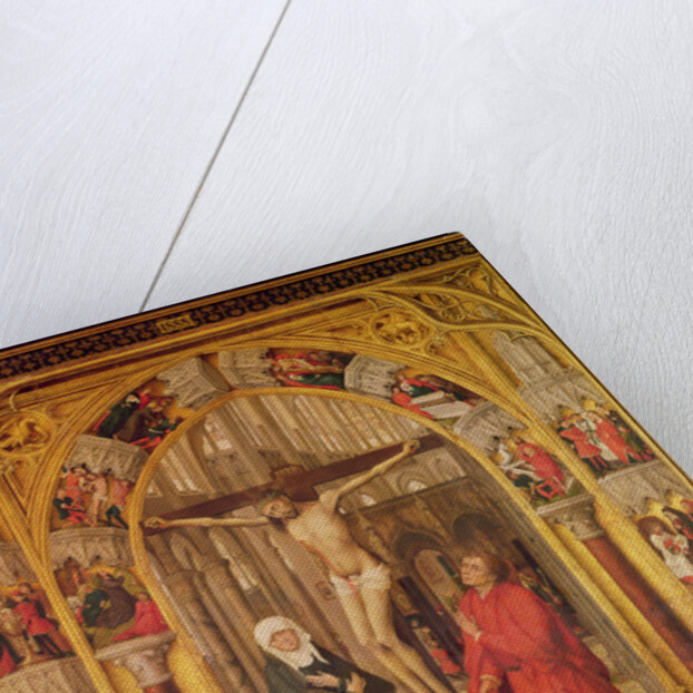 Christ on the Cross, with the Virgin Mary and Saint John under an archway with Gothic tracery leading to a church, central panel from the Redemption Triptych, c.1460 by Vrancke van der Stockt