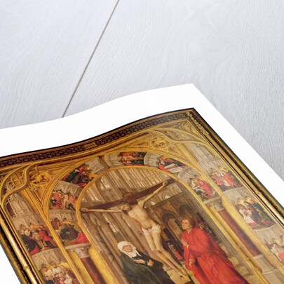 Christ on the Cross, with the Virgin Mary and Saint John under an archway with Gothic tracery leading to a church, central panel from the Redemption Triptych, c.1460 by Vrancke van der Stockt