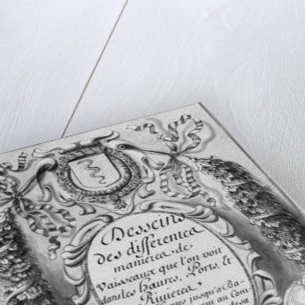 Frontispiece to 'Desseins of different ways of ships... from Nantes to Bayonne... ', 1679 by French School