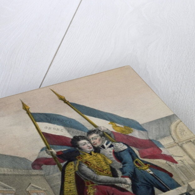 The Duke of Orleans embracing General La Fayette and raising the national colours on the terrace of the Palais-Royal, 30th July 1830 by Labastide