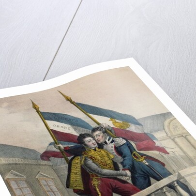 The Duke of Orleans embracing General La Fayette and raising the national colours on the terrace of the Palais-Royal, 30th July 1830 by Labastide