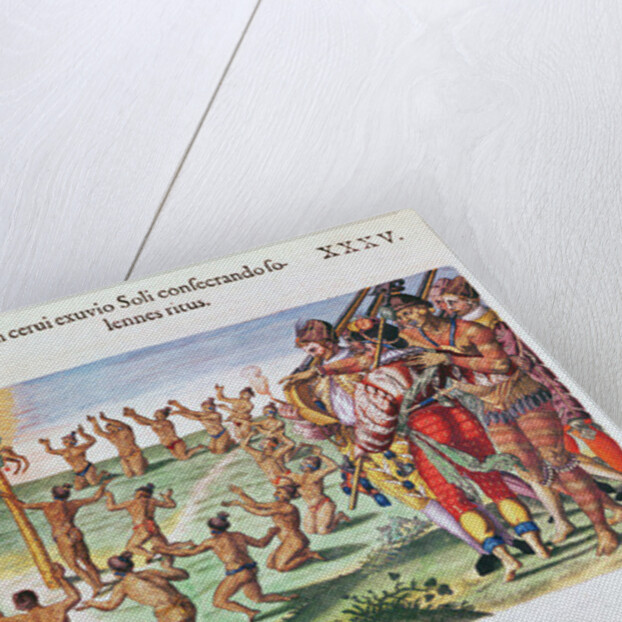 Sun worshipping ritual with an offering of a deer by Jacques Le Moyne