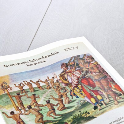 Sun worshipping ritual with an offering of a deer by Jacques Le Moyne