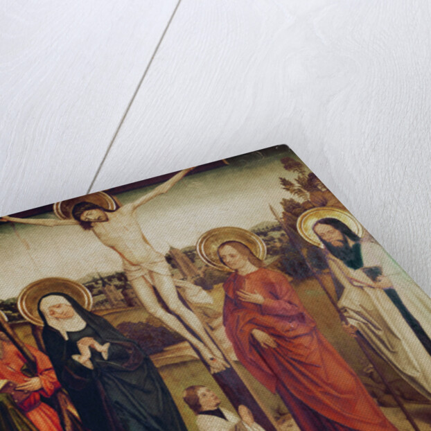 The Crucifixion, with Saint Andrew, Saint Matthew and a man kneeling at the foot of the cross by German School