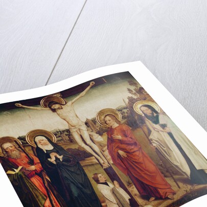 The Crucifixion, with Saint Andrew, Saint Matthew and a man kneeling at the foot of the cross by German School