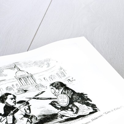 Caricature of Delacroix and Ingres duelling in front of the Institut de France, c.1828 by French School