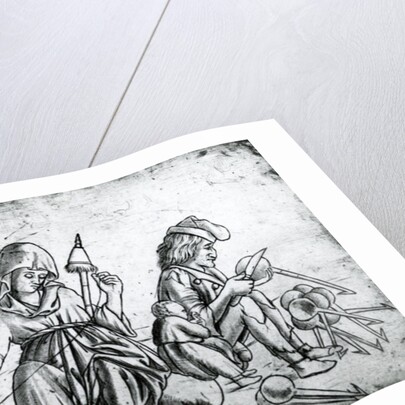 Scene with a musician playing the bagpipes, a woman spinning and a man carving spoons by Anonymous Anonymous