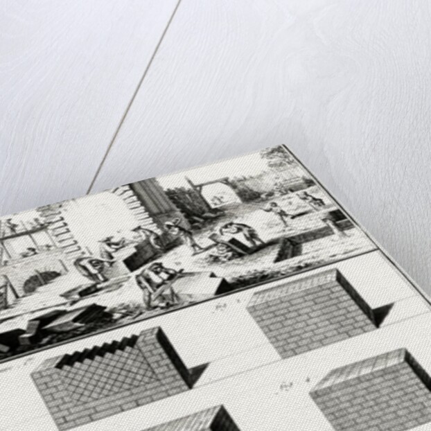 Stonemasons at work and various examples of wall-building techniques by Prevost