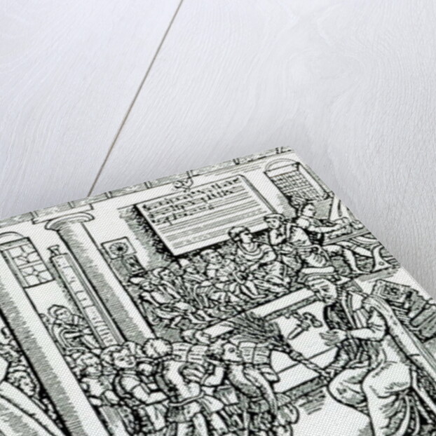 Schoolroom scene in Tudor times by English School