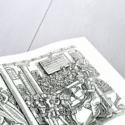 Schoolroom scene in Tudor times by English School