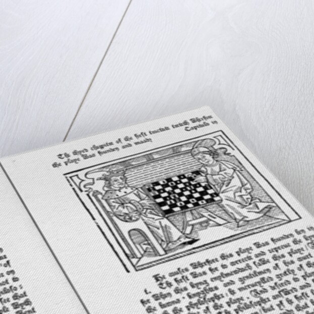 Pages from the English translation of 'De Ludo Saccorum' by Jacques de Cessoles, including an illustration of two people playing chess, c.1483 by English School