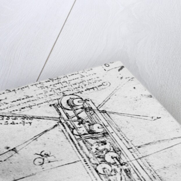 Vertically standing bird's-winged flying machine, fol. 80r from Paris Manuscript B, 1488-90 by Leonardo da Vinci