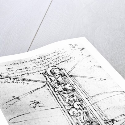 Vertically standing bird's-winged flying machine, fol. 80r from Paris Manuscript B, 1488-90 by Leonardo da Vinci