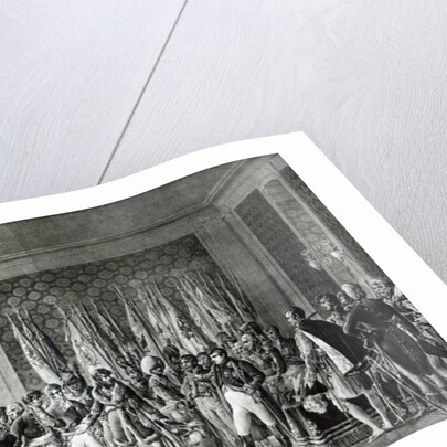 Napoleon gives the flags won at Austerlitz in 1805 to the Mayors of Paris visiting him at Schonbrunn by L. Marin