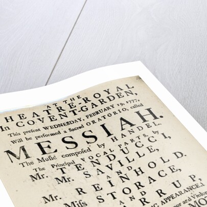 Playbill advertising a performance of Handel's Oratorio, 'Messiah' in 1777 by English School