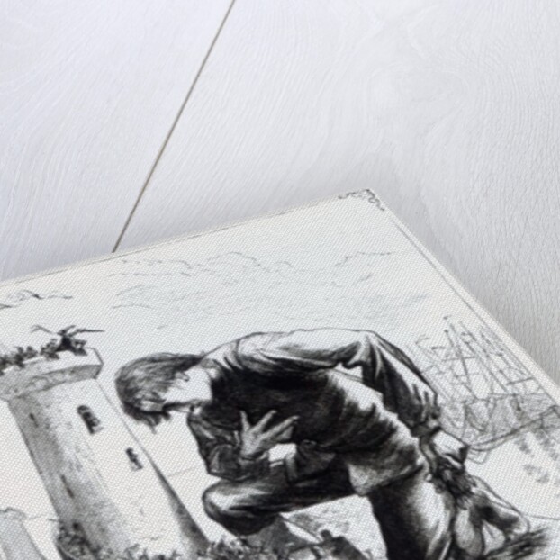 Gulliver kneels before the Lilliputians after stealing the Blefuscudian fleet by Thomas Morten