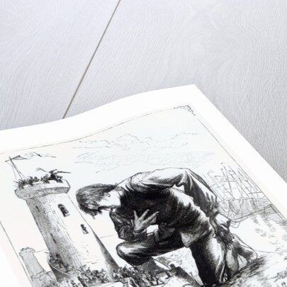 Gulliver kneels before the Lilliputians after stealing the Blefuscudian fleet by Thomas Morten