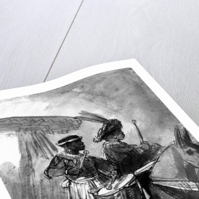 A Drummer and Commander mounted on mules, c.1638 by Rembrandt Harmensz. van Rijn