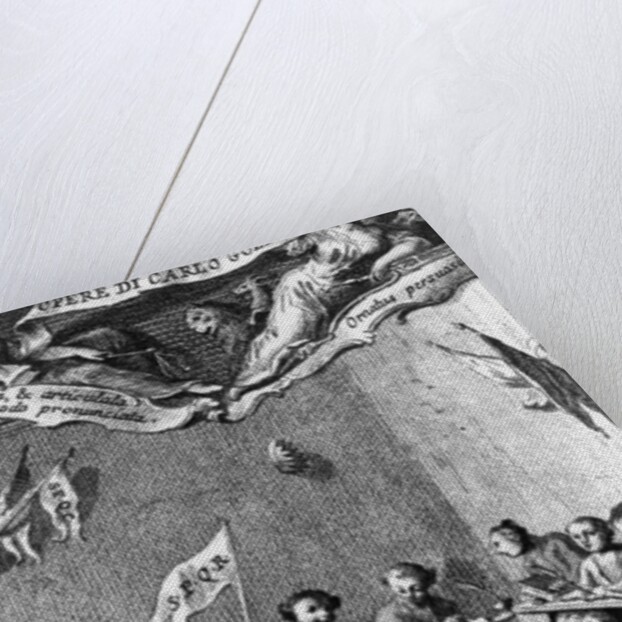 Carlo Goldoni waves a flag in celebration of passing his year at the Jesuit school in Perugia by Pietro Antonio (after) Novelli