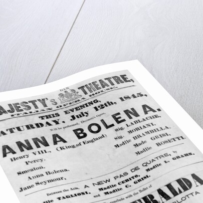 Playbill for Her Majesty's Theatre, Italian Opera House, 1845 by English School
