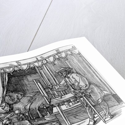 A draughtsman taking details for a portrait, using a perspective apparatus for drawing onto glass by Albrecht Dürer or Duerer
