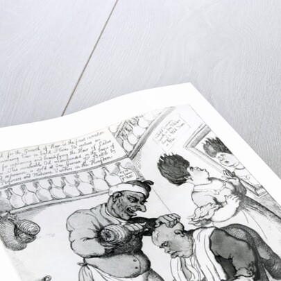 Massacar Oil, an oily puff for soft heads, 1814 by Thomas Rowlandson