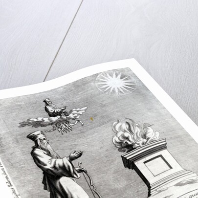 Illustration of Zoroaster worshipping fire and the sun, 1697 by English School