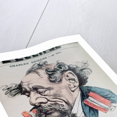 Charles Dickens astride the English Channel, cover illustration from 'L'Eclipse', 14th June 1868 by Andre Gill