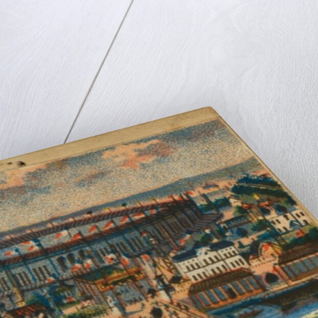 View of the Paris Exposition of 1867 showing waterfront, main exhibit building, and balloon flying in the distance by French School