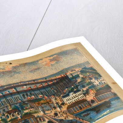 View of the Paris Exposition of 1867 showing waterfront, main exhibit building, and balloon flying in the distance by French School