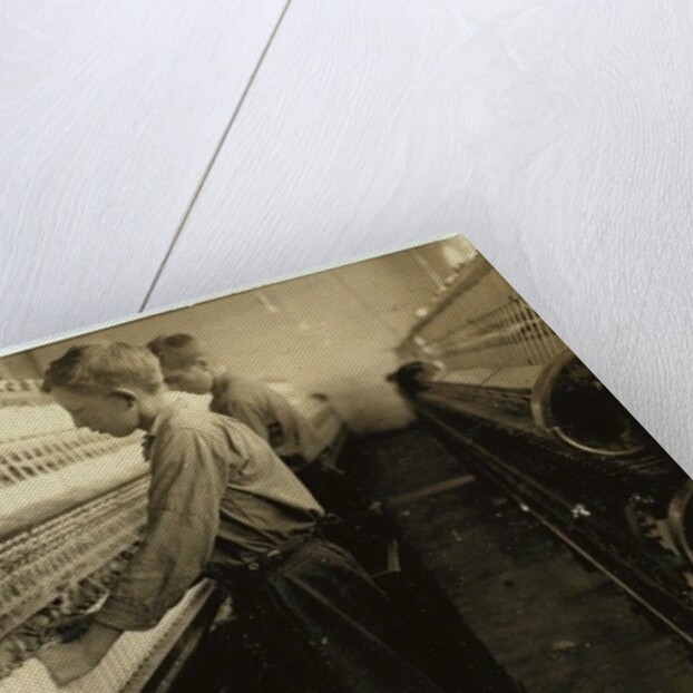Doffers replacing full bobbins at Indian Orchard Cotton Mill, Massachusetts, 1916 by Lewis Wickes Hine
