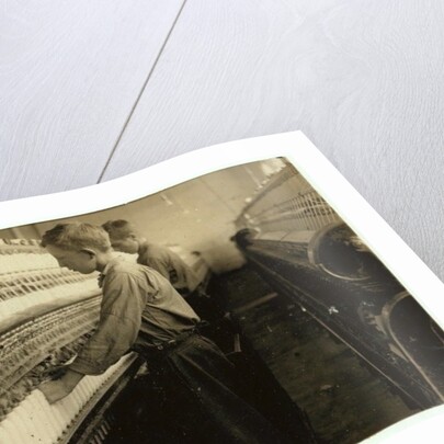 Doffers replacing full bobbins at Indian Orchard Cotton Mill, Massachusetts, 1916 by Lewis Wickes Hine