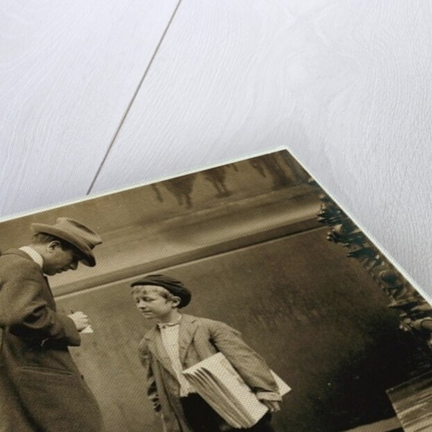 8 year old newsboy Michael McNelis, who'd just recovered from his second bout of pneumonia, selling papers in a rain storm by Lewis Wickes Hine