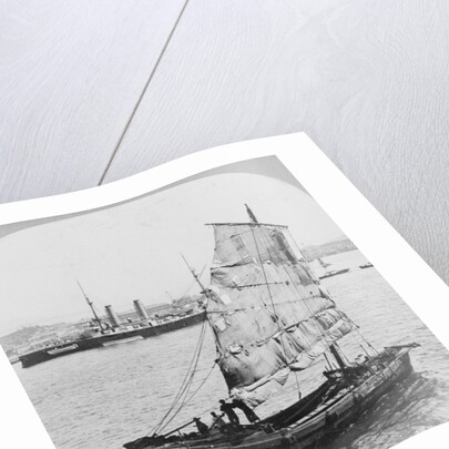 Chinese junk and British battleship in the harbour at Hong Kong, 1902 by Carlton Harlow Graves