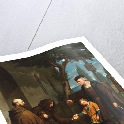 Columbus at the doors of the convent of Santa Maria de la Rabida asking for bread and water for his son, 1858 by Benito Mercade y Fabregas