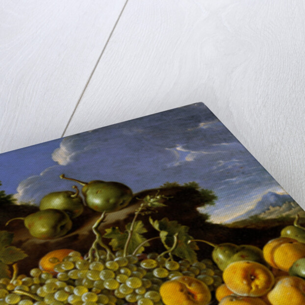 Still life with plate of grapes, peaches, pears and plums in a landscape, c.1771 by Luis Egidio Menendez or Melendez