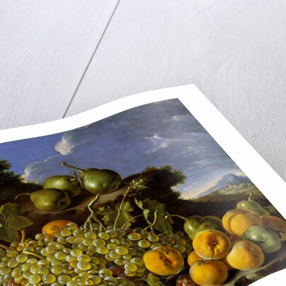 Still life with plate of grapes, peaches, pears and plums in a landscape, c.1771 by Luis Egidio Menendez or Melendez