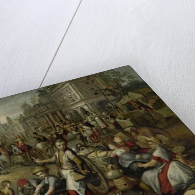 Marketplace, with the Flagellation, the Ecce Homo and the Bearing of the Cross in the background, 1550-90 by Joachim (circle of) Beuckelaer or Bueckelaer