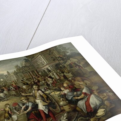 Marketplace, with the Flagellation, the Ecce Homo and the Bearing of the Cross in the background, 1550-90 by Joachim (circle of) Beuckelaer or Bueckelaer