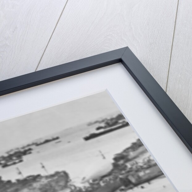 D Day: view of landing craft, barrage balloons, and allied troops landing in Normandy, 1944 by American Photographer