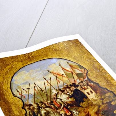 The arrival of the Spanish, lead by Cortez, in the plateau of Mexico City by Spanish School