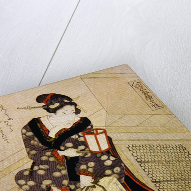 Woman climbing the stairs holding a lamp and a box by Utagawa Sadakage