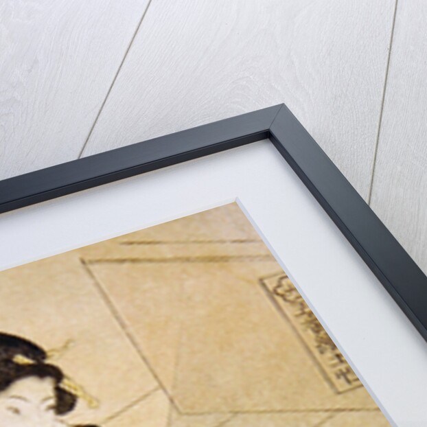 Woman climbing the stairs holding a lamp and a box by Utagawa Sadakage