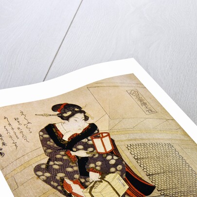 Woman climbing the stairs holding a lamp and a box by Utagawa Sadakage