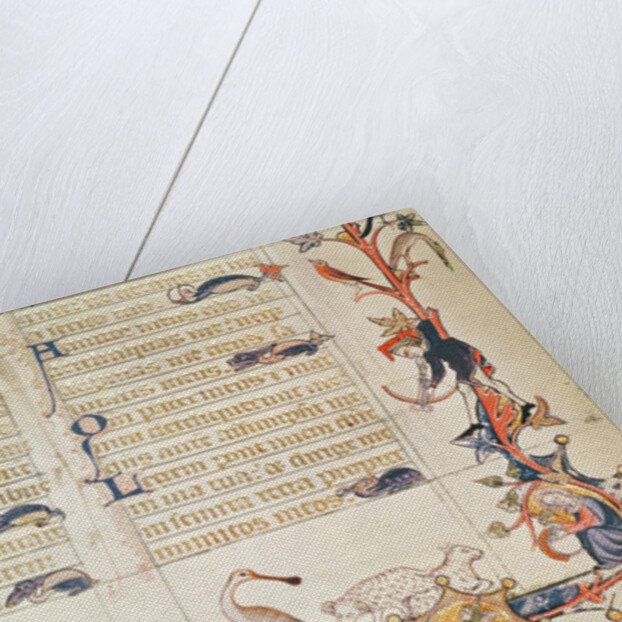 Illustration from a psalter, depicting various figures, a spoonbill, sheep, centaurs and Reynard the Fox by School English