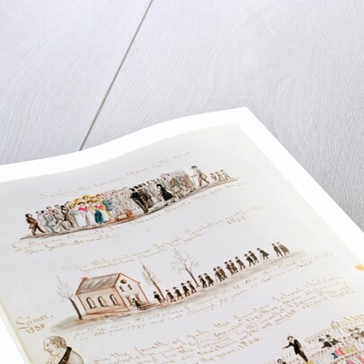 Three sketches depicting religious scenes in America by Lewis Miller