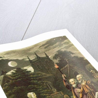 Edward Kelly a magician, and his partner the mathematician and astrologer, John Dee raising a ghost by English School