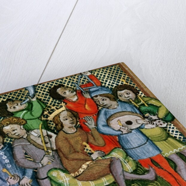 Seated crowned figure surrounded by musicians playing the lute, bagpipes, triangle, horn, viola and drums by Czech School