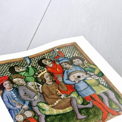 Seated crowned figure surrounded by musicians playing the lute, bagpipes, triangle, horn, viola and drums by Czech School